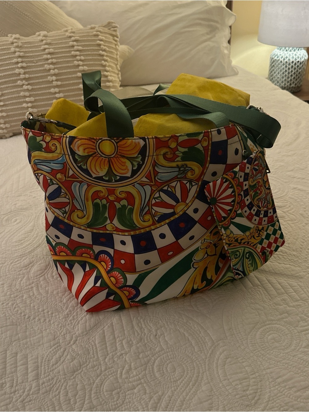Multicolor Printed Tote Bag with Green Handles